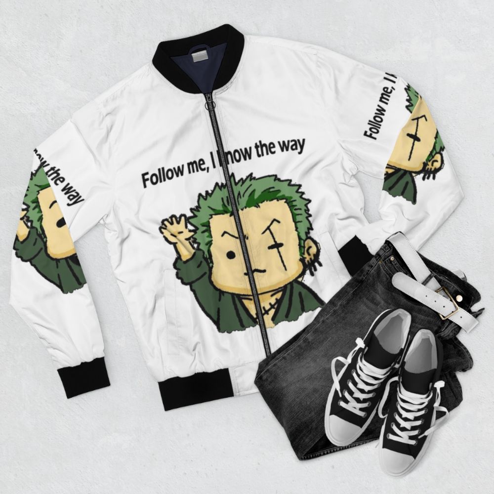 One Piece Roronoa Zoro Active Bomber Jacket featuring the iconic Straw Hat Pirate design - Flat lay