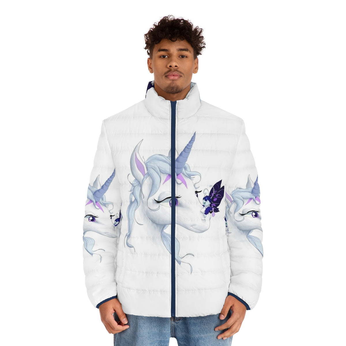 A puffer jacket featuring an illustration of the iconic The Last Unicorn character - men front