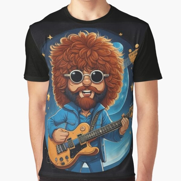 Cartoon illustration of Jeff Lynne and the Electric Light Orchestra (ELO) logo on a blue background with the 'Mr. Blue Sky' song title