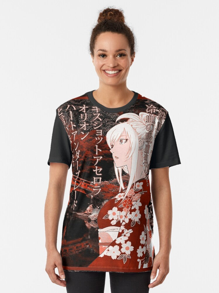 "Kiss-Shot" Yukata Graphic T-Shirt featuring an anime-inspired design with Japanese elements - Women