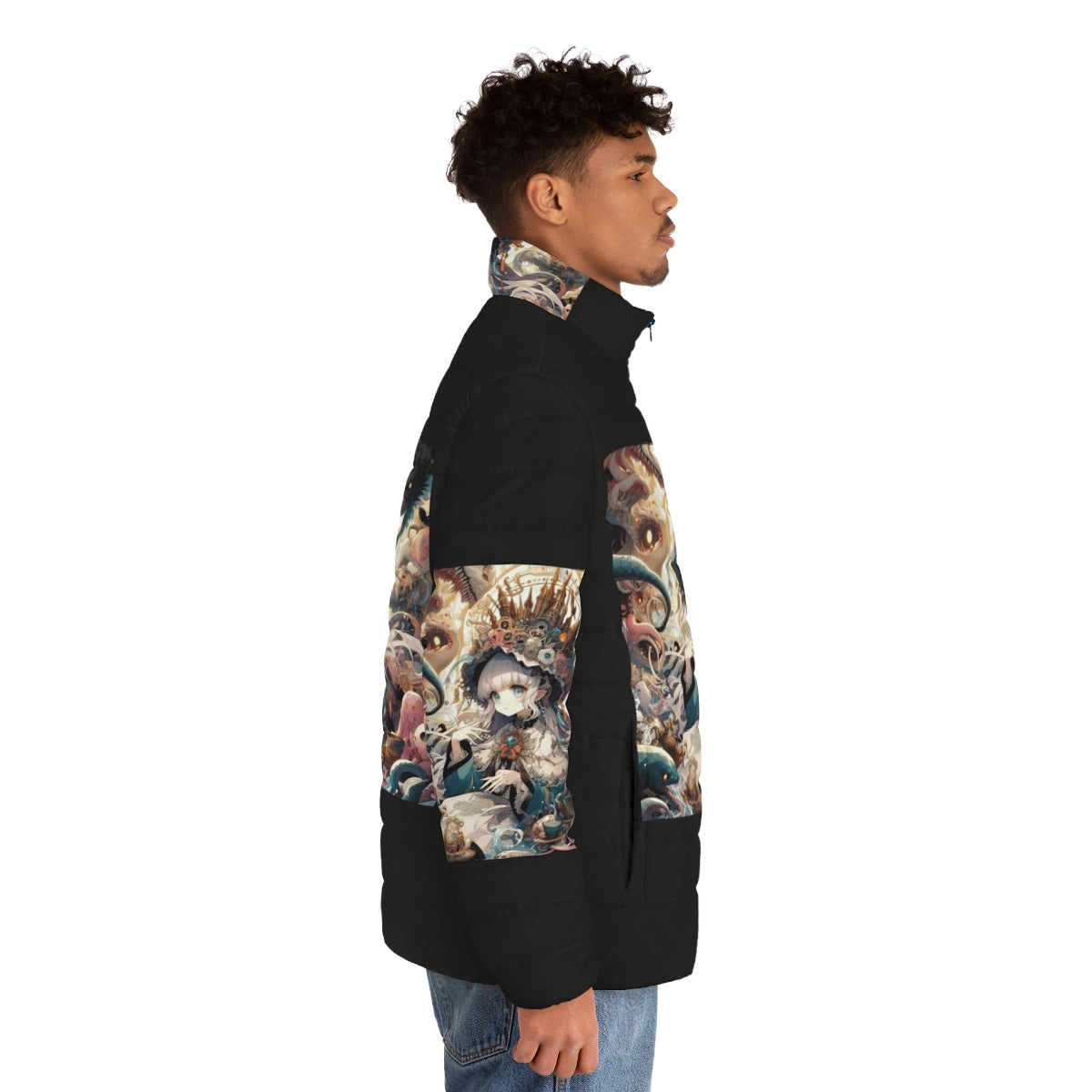 Anime-inspired puffer jacket with a kawaii design featuring a beautiful anime girl - men side right