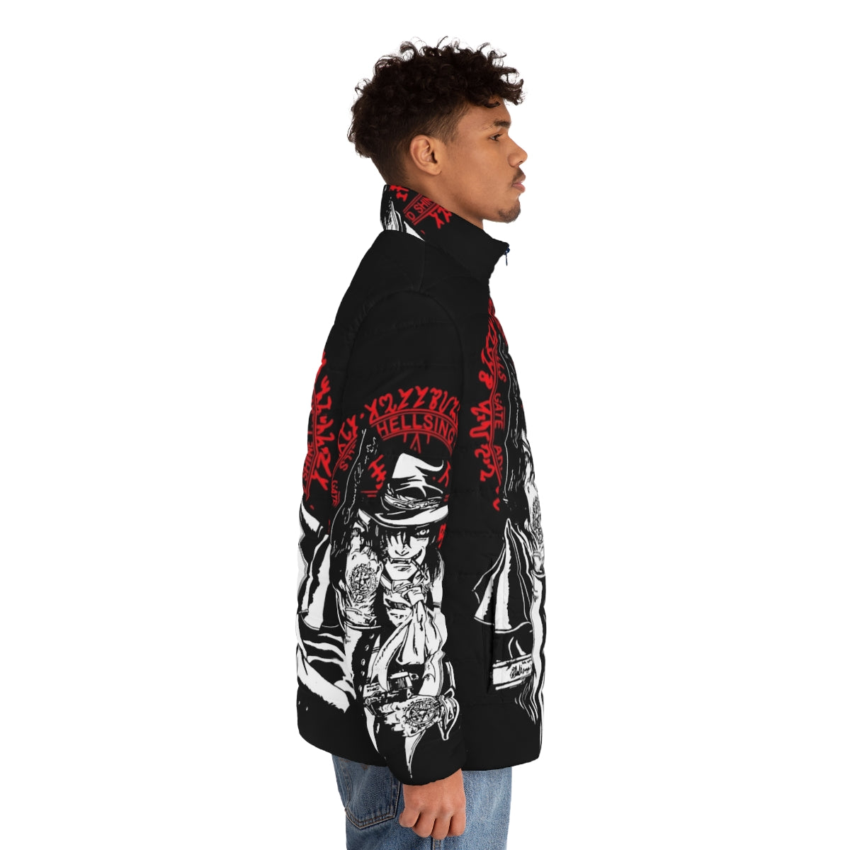 Hellsing Alucard anime character depicted on a puffer jacket - men side right