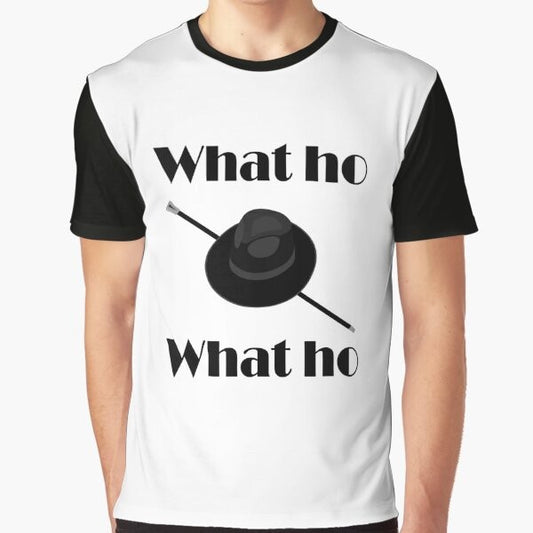 Jeeves and Wooster "What Ho!" graphic t-shirt featuring the iconic characters from P.G. Wodehouse's classic British comedy series.