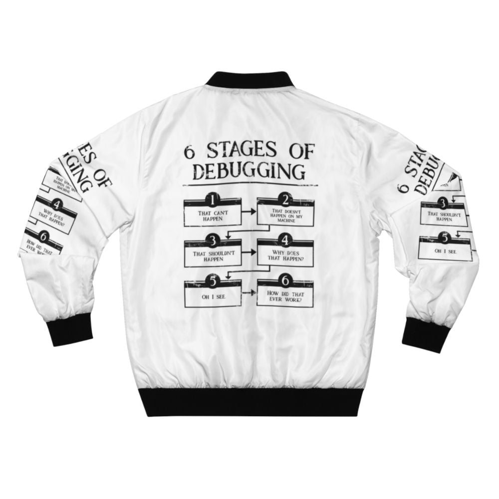 Bomber jacket with "6 Stages of Debugging" design for programmers and software engineers - Back