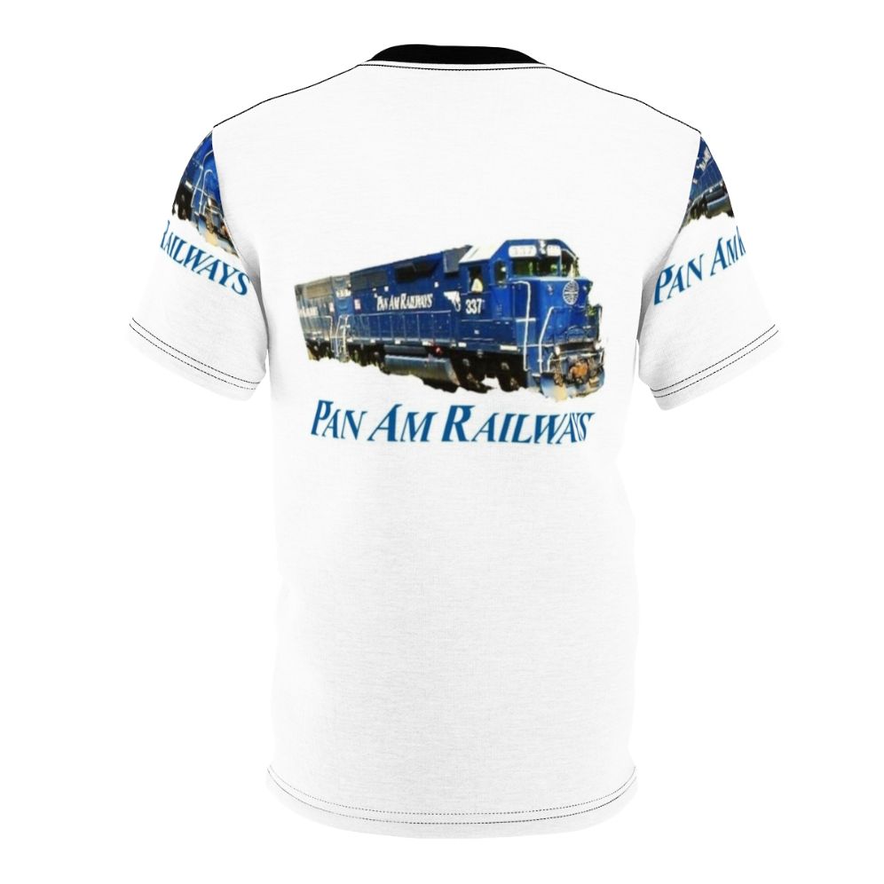 Vintage-style t-shirt with a graphic of a train and text related to Pan Am Railway and train driving - Back