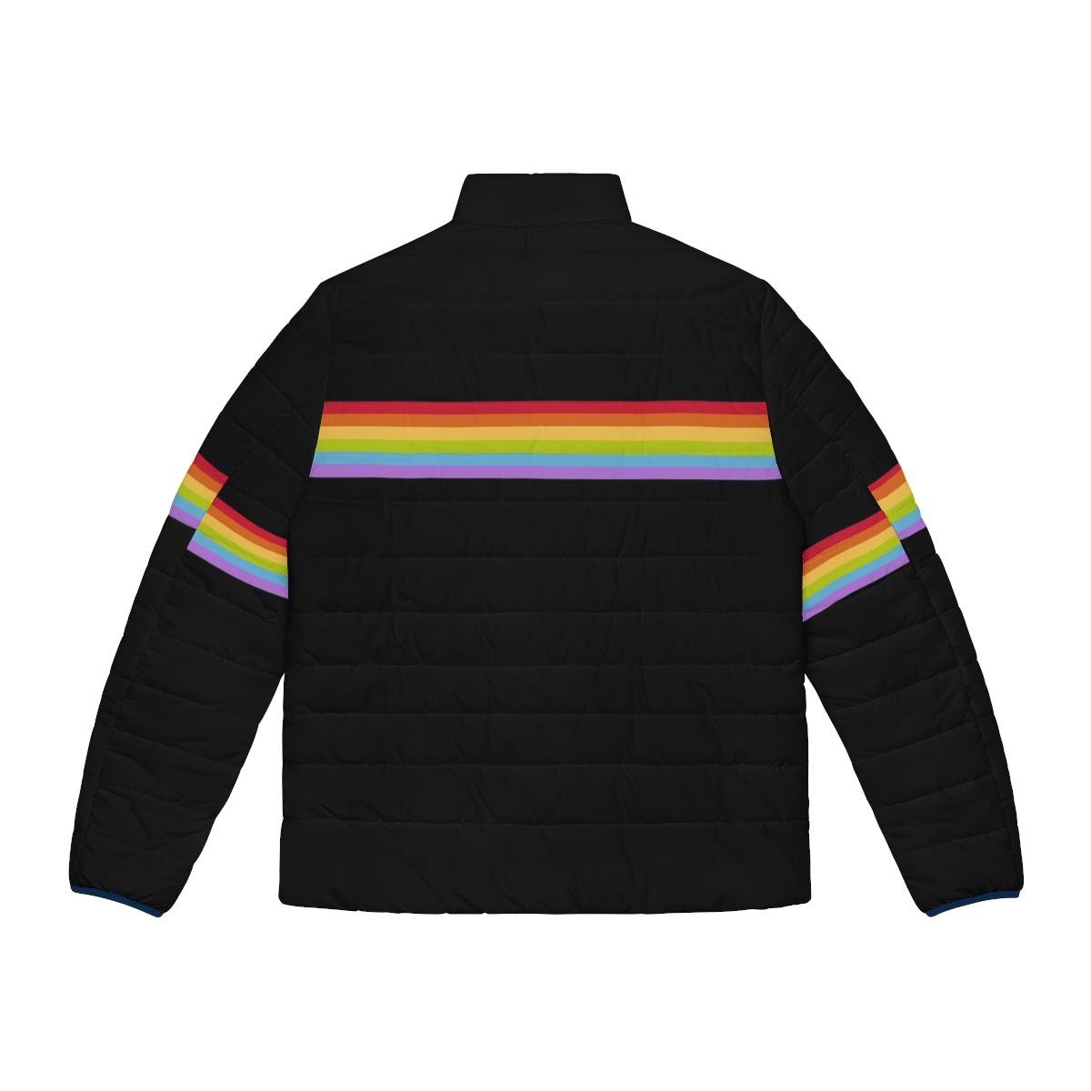 Gay pride puffer jacket with rainbow stripes and bold, colorful design - Back