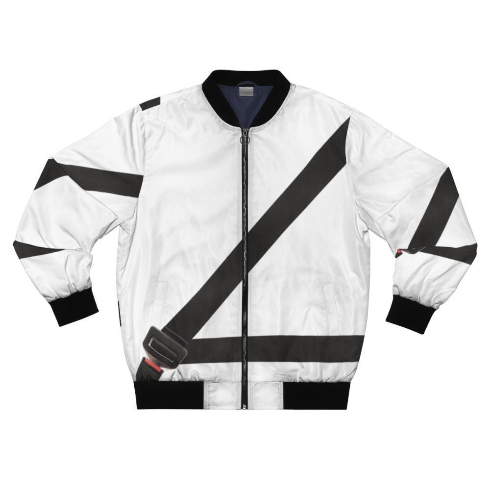 A bomber jacket with a fake seatbelt design, promoting car safety.