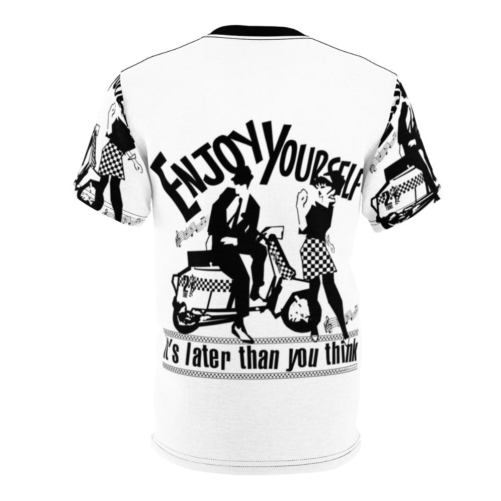 Vibrant all-over-print t-shirt with a ska-inspired design, featuring a bold "Enjoy Yourself" message. - Back