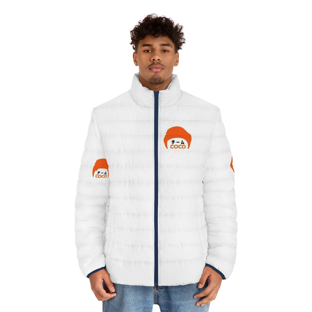 Team Coco Kanji Puffer Jacket with Japanese design and anime-inspired details - men front