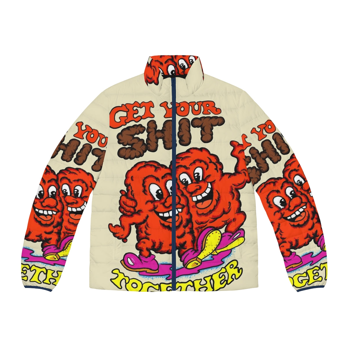 Retro 60s style puffer jacket with humorous "Get Your Shit Together" text