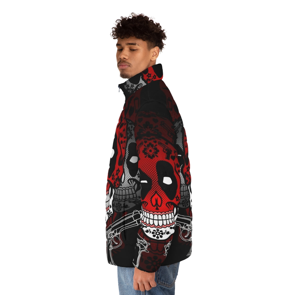 Colorful puffer jacket with day of the dead sugar skull design - men side left