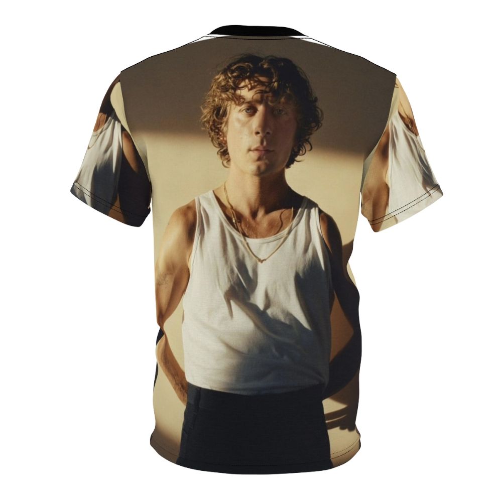 A high-quality t-shirt featuring an illustration of actor Jeremy Allen White, known for his roles in popular movies and TV shows. - Back