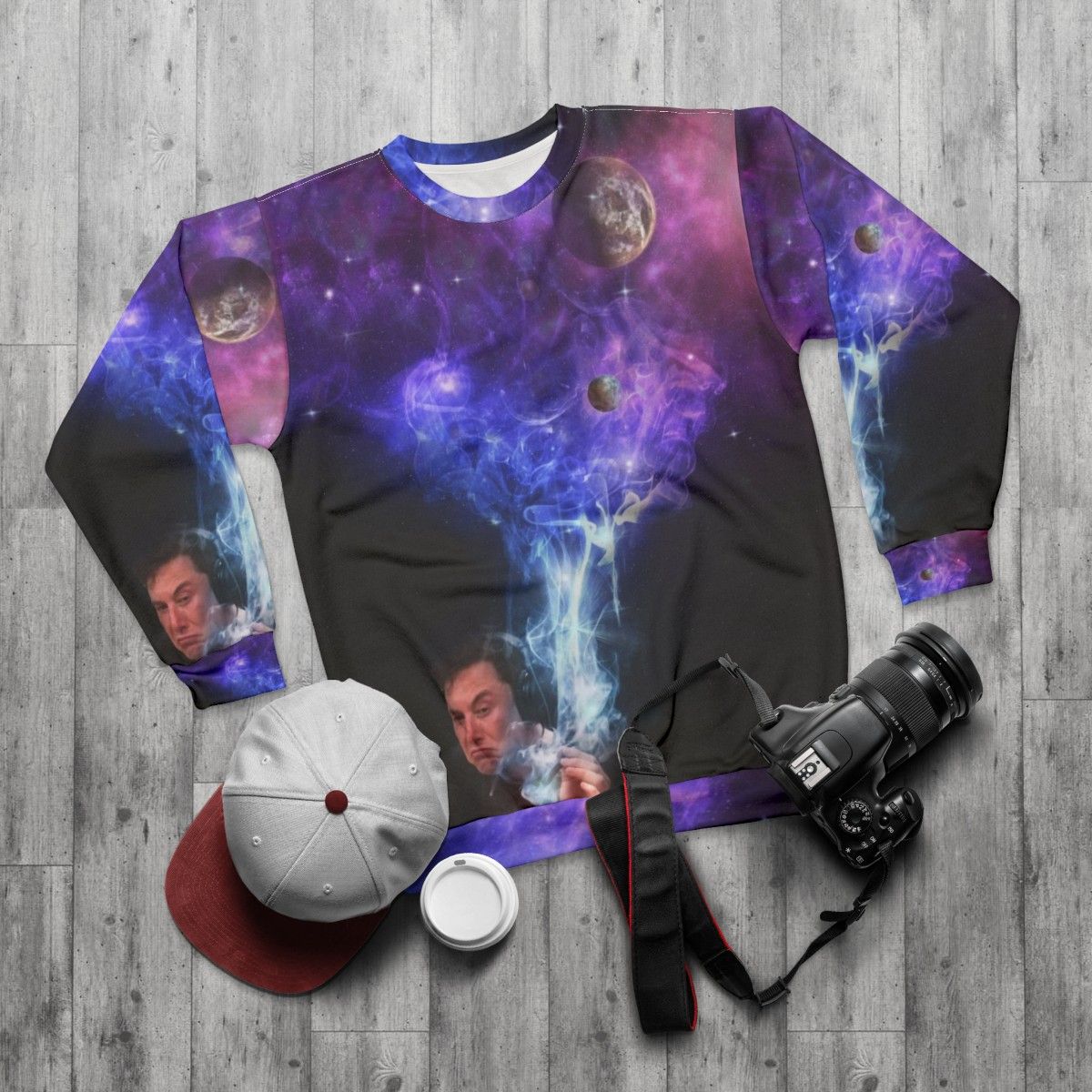 Elon Musk smoking the universe in a cozy sweatshirt - flat lay