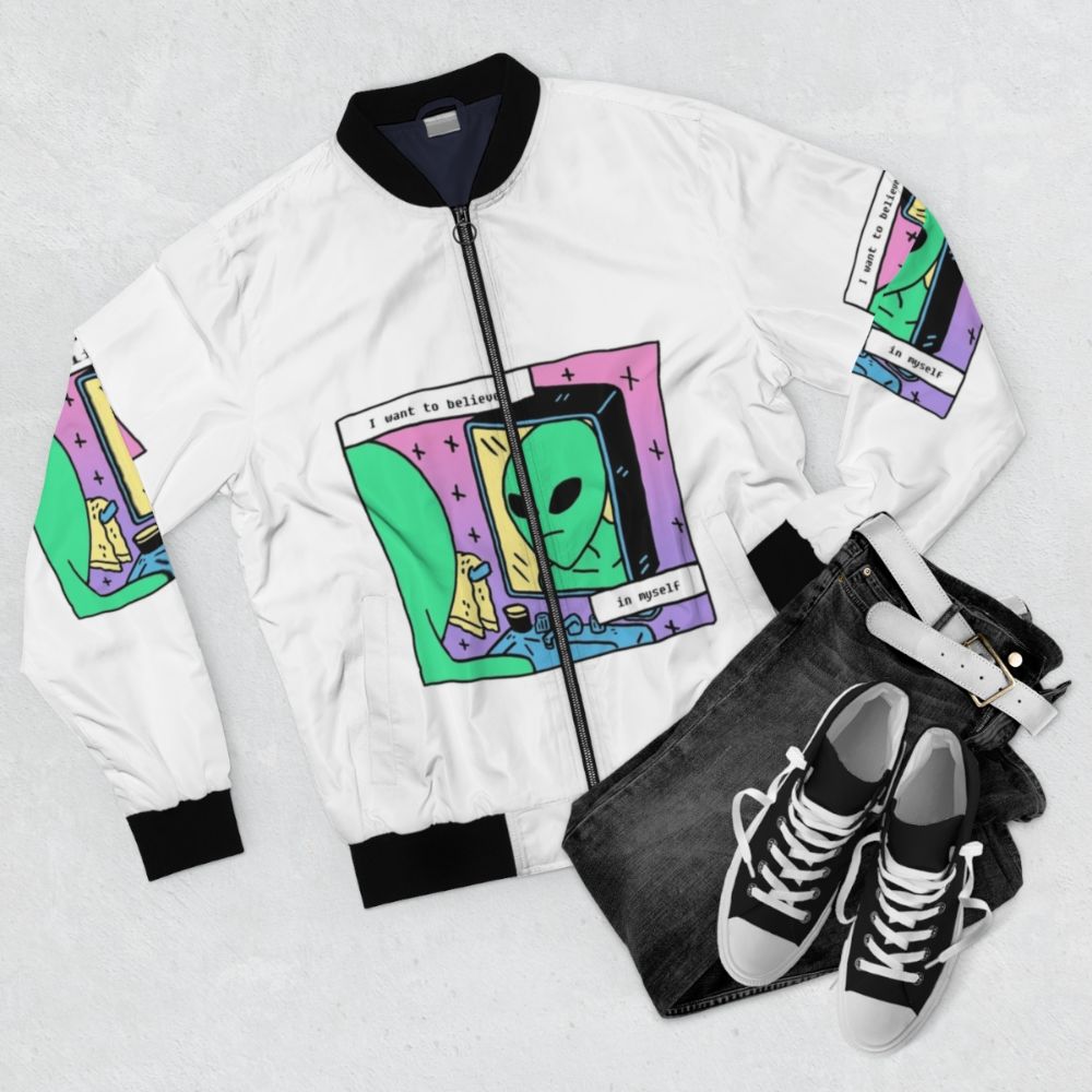 "I Want to Believe in Myself Funny Introverted Anxiety Bomber Jacket" - Flat lay