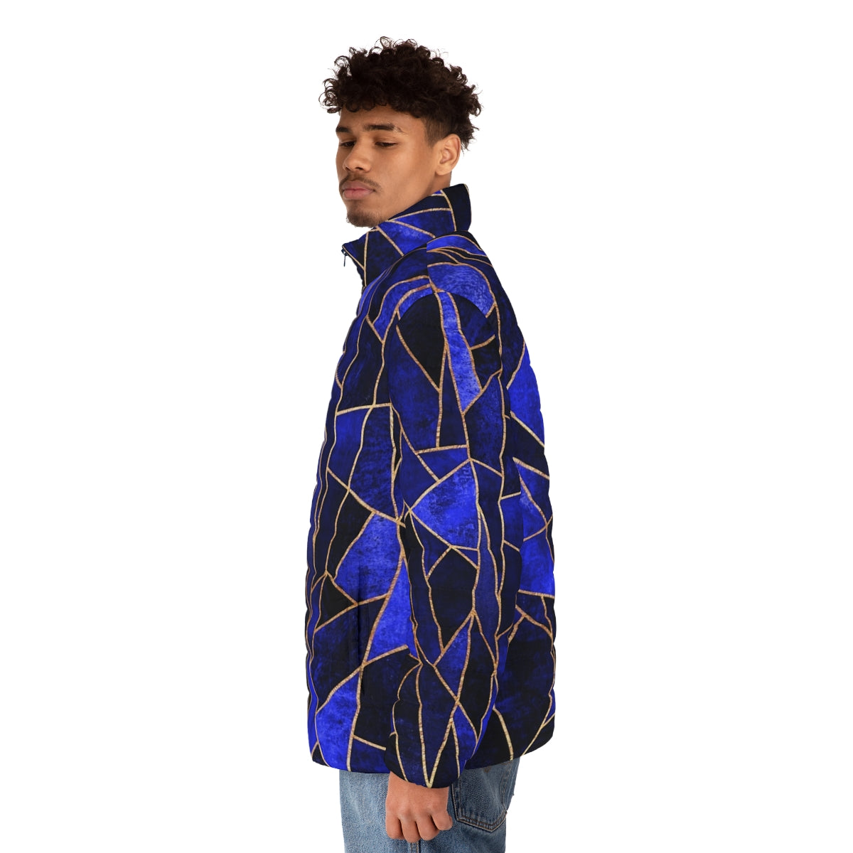 Shattered Sapphire Puffer Jacket with Geometric and Abstract Design - men side left