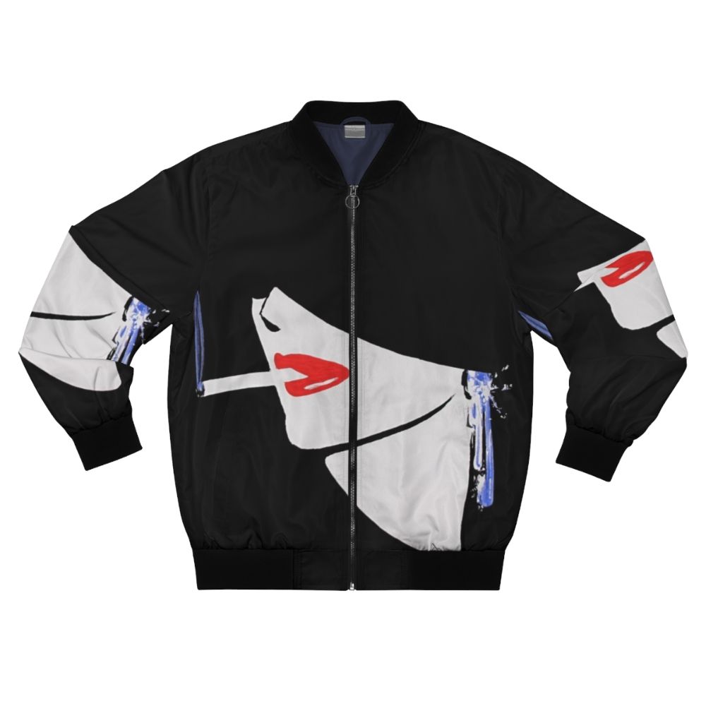 80s retro fashion illustration bomber jacket for women featuring a vintage cigarette woman design