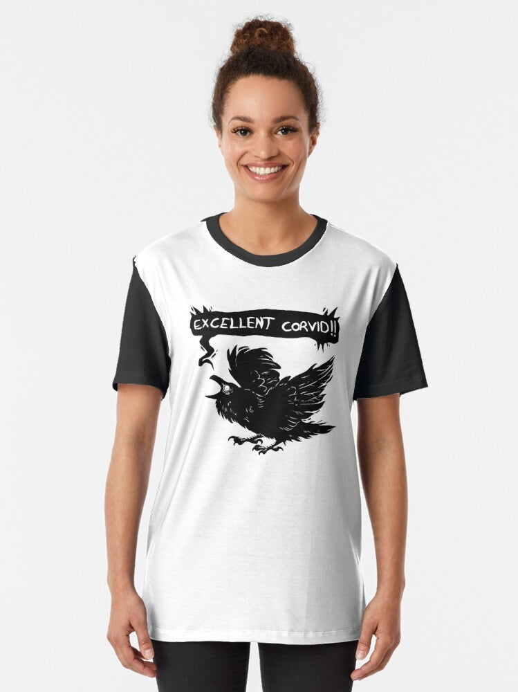 A graphic t-shirt featuring a stylized corvid (crow or raven) design in a dark, mystical style. - Women