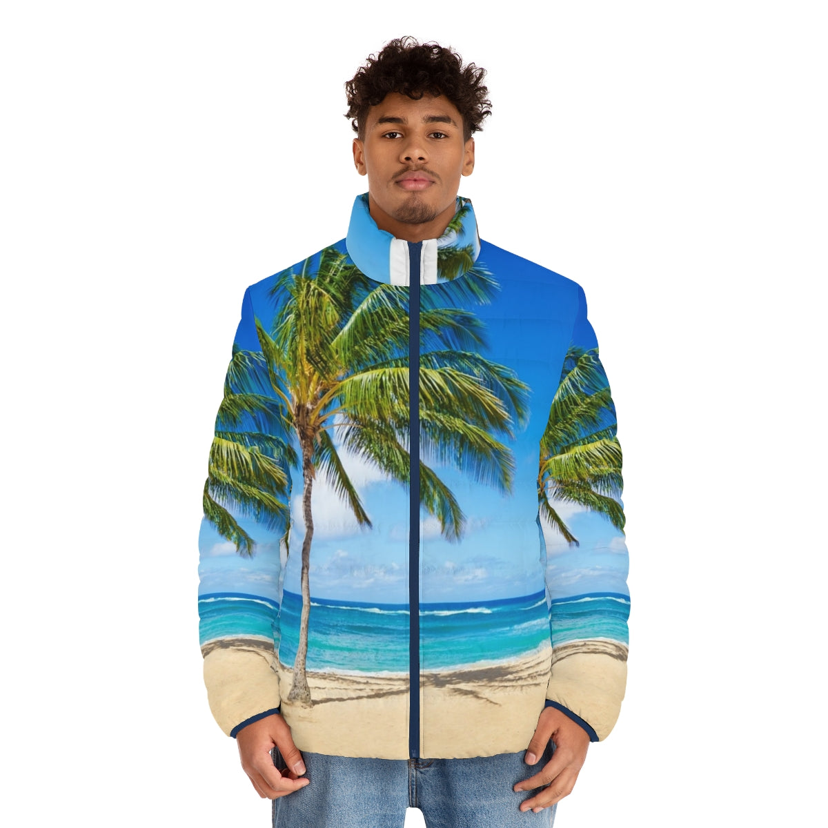 A vibrant puffer jacket featuring a scenic palm tree landscape on a tropical beach in Hawaii - men front