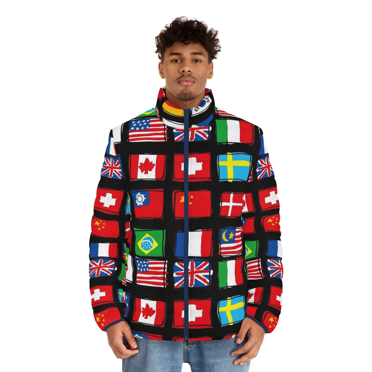 Global Patriotic Puffer Jacket with World Flags, National Flag Puffer Jacket - men front