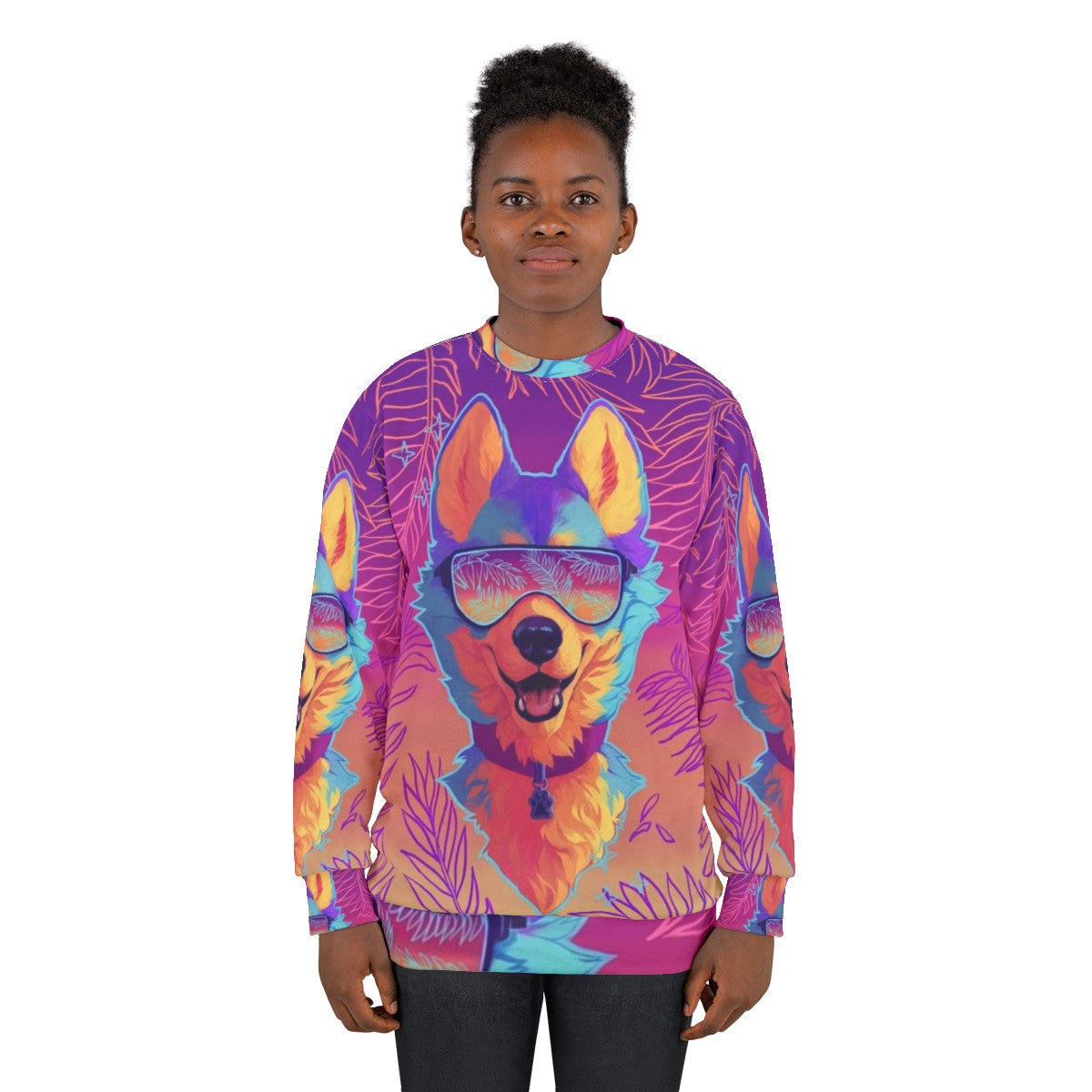 Sparkle Dog Furry Sweatshirt with Vaporwave Aesthetic Design - women