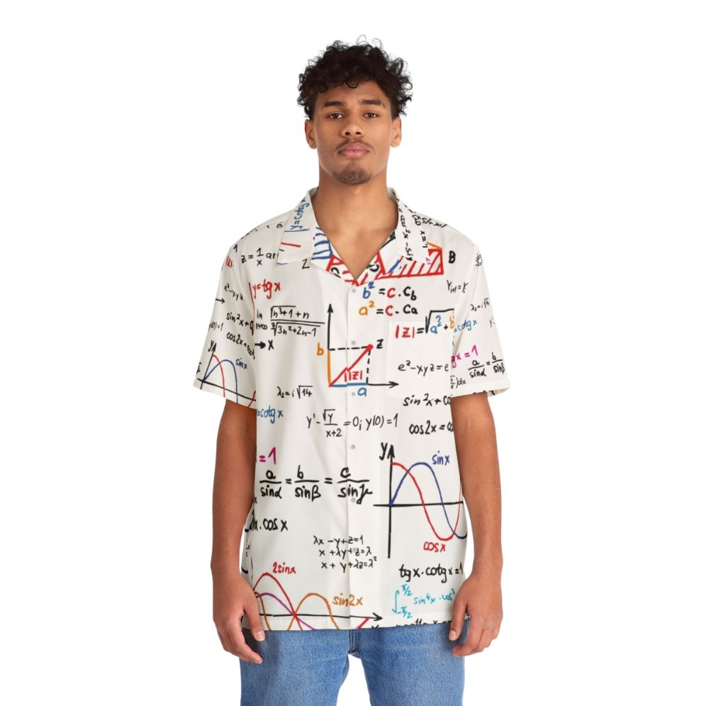 Mathematics formulas and numbers printed on a colorful Hawaiian shirt - People Front