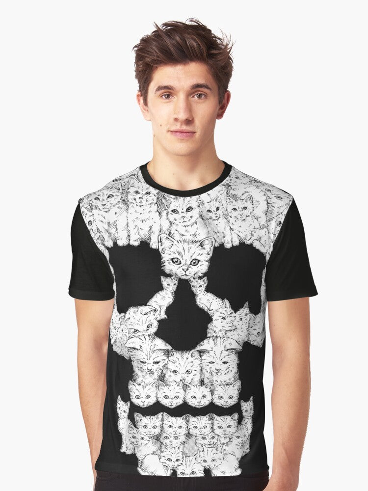 A graphic t-shirt featuring a tough-looking skull design with cute kittens. - Men