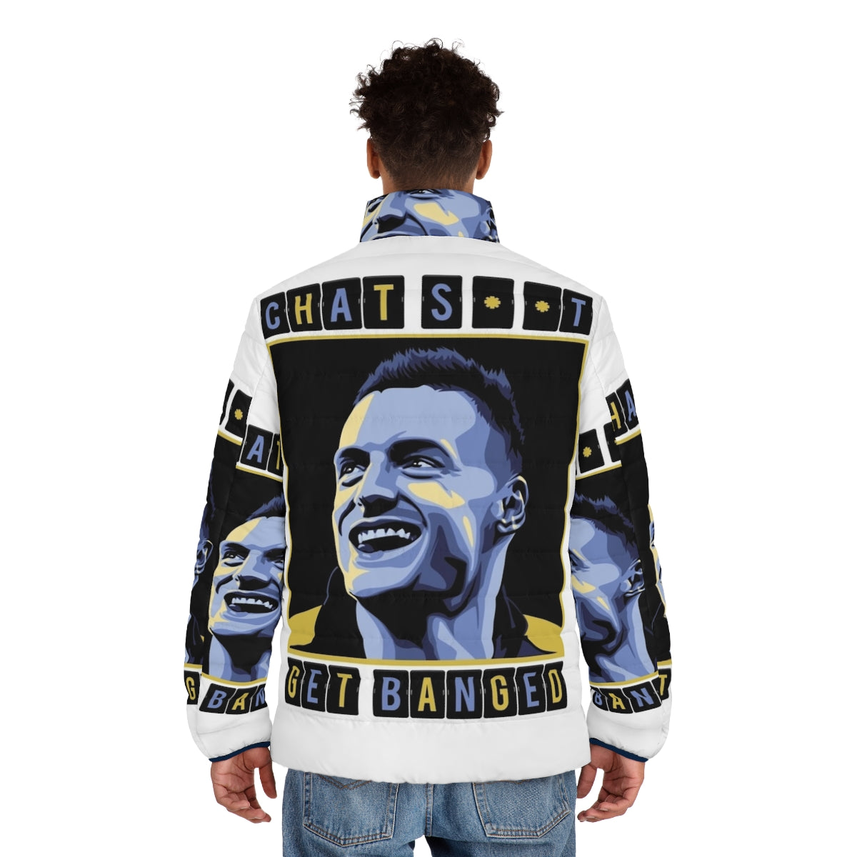 Chat Shit Get Banged Puffer Jacket featuring Jamie Vardy and the Three Lions of England - men back