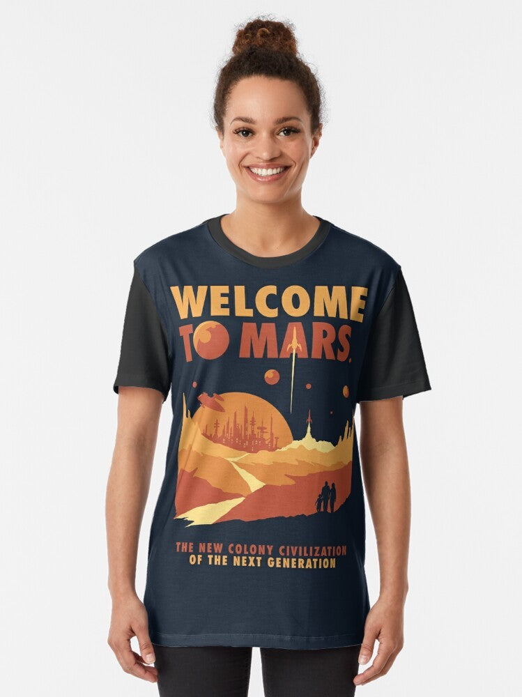 Retro-inspired graphic t-shirt featuring the planet Mars and space imagery - Women