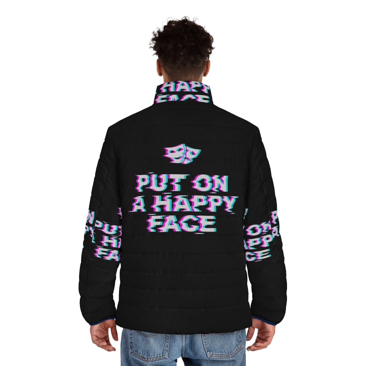 A vintage-inspired puffer jacket with the Joker's iconic "happy face" design, blending pop culture and ironic typography. - men back