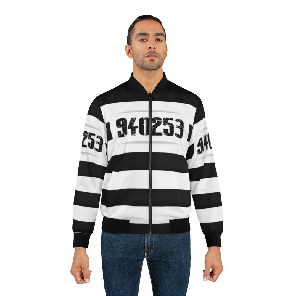 Prison stripes bomber jacket, a funny Halloween costume for inmates and bad guys. - Lifestyle