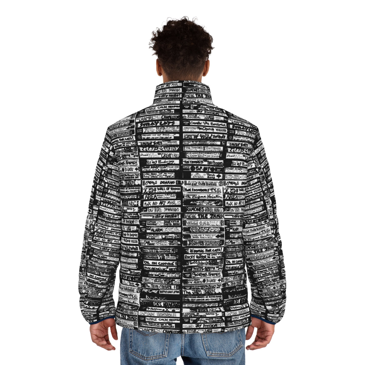 Alternative music cassette art puffer jacket - men back