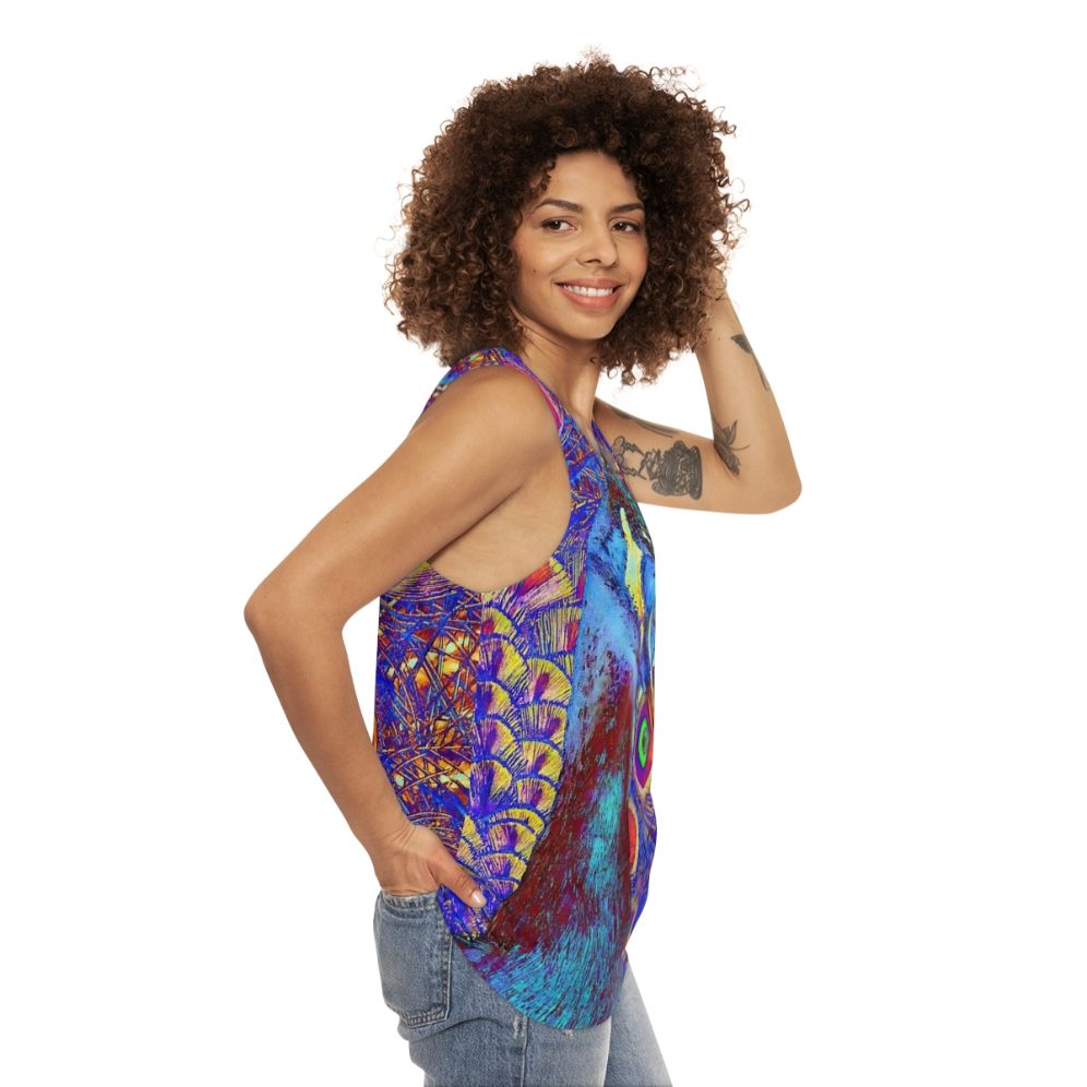 Peacock Unisex Tank Top featuring a colorful abstract peacock design - women side