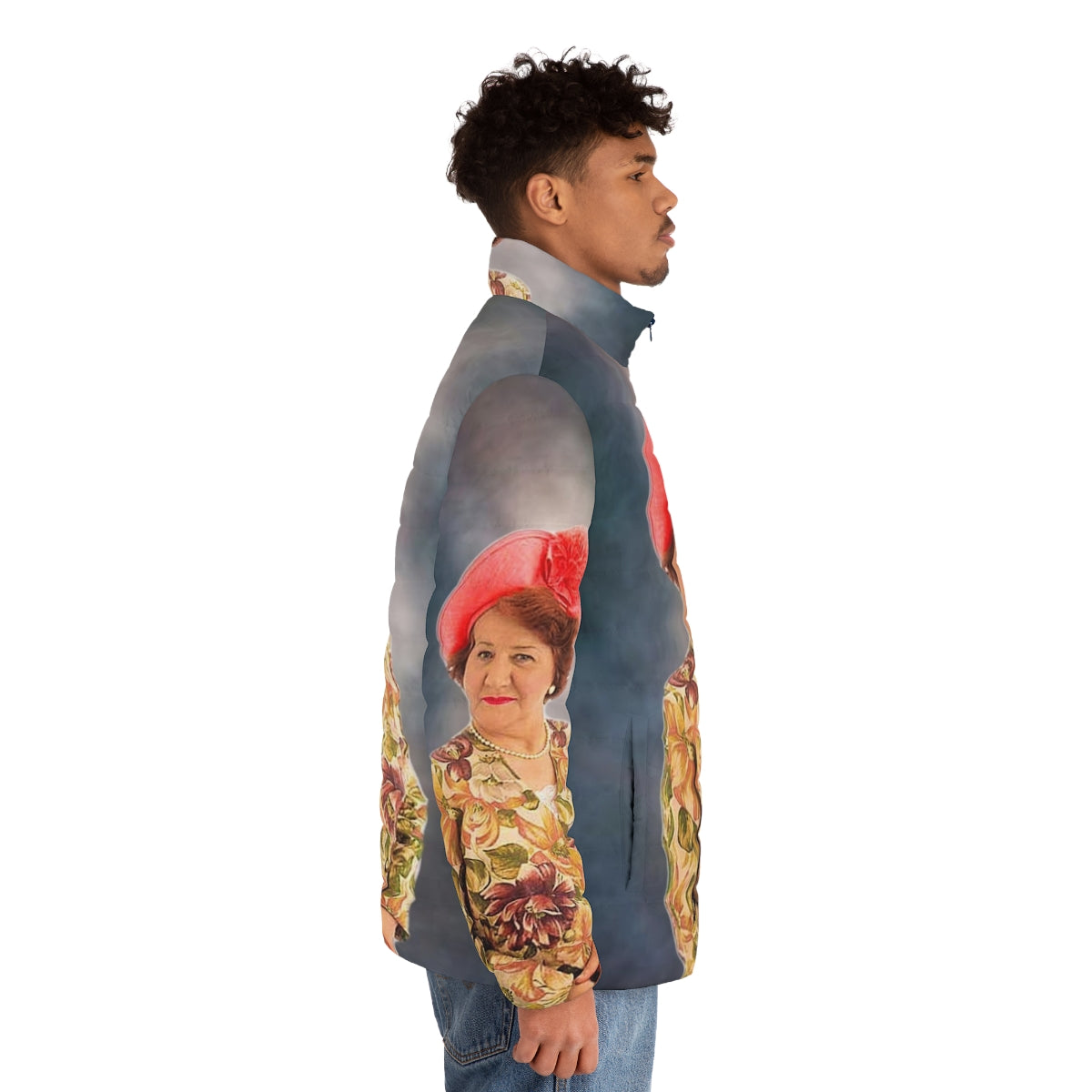 Hyacinth Bucket Puffer Jacket featuring the iconic character from Keeping Up Appearances - men side right