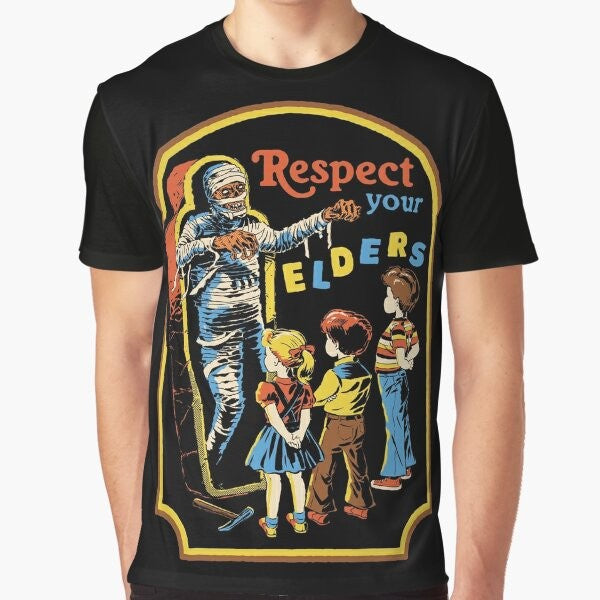 Vintage-style graphic t-shirt with the text "Respect Your Elders" and a mummy design