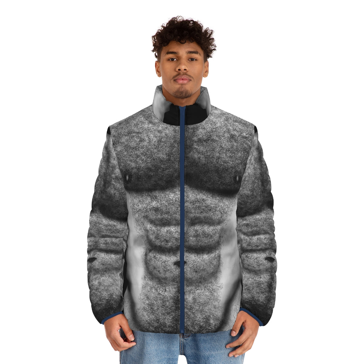 Muscular hairy male torso in a black and white puffer jacket - men front