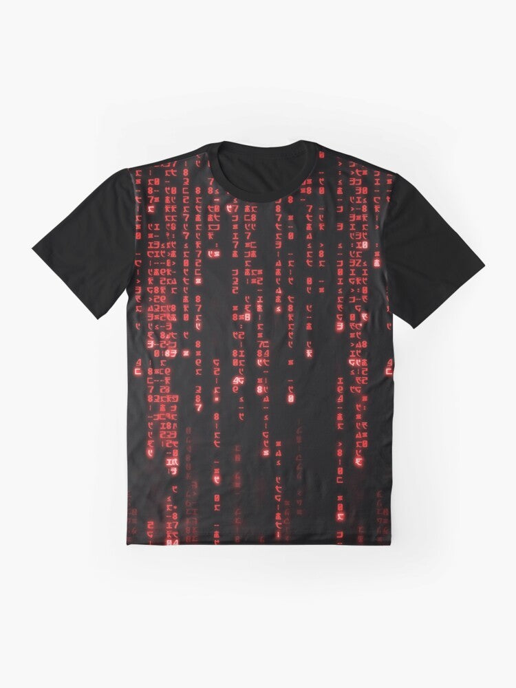 Red Matrix Code Graphic T-Shirt featuring binary digits and computer programming elements - Flat lay