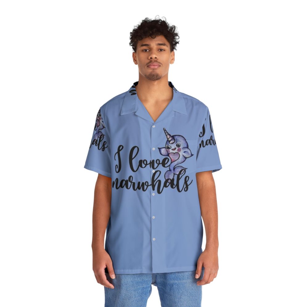 Colorful "I Love Narwhals" Hawaiian shirt featuring cute narwhal design - People Front