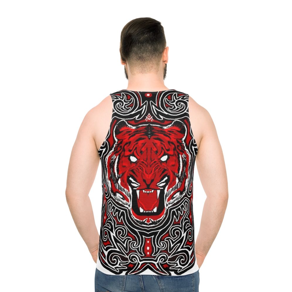 Unisex red tank top with angry tiger Indonesian art design - men back