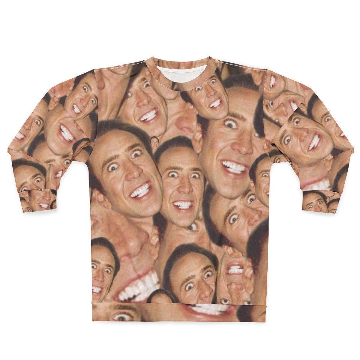 Nicolas Cage face collage design on a sweatshirt