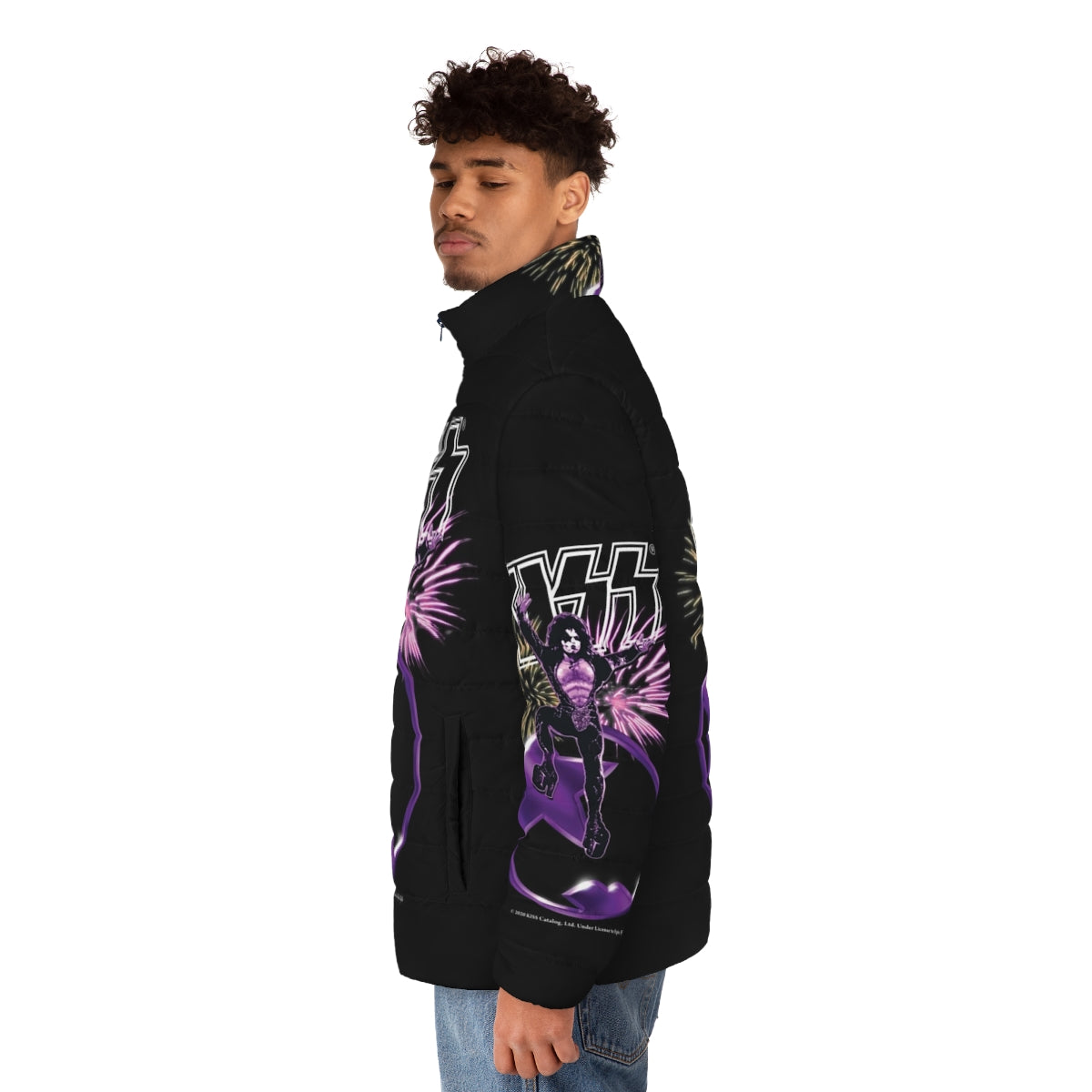 Starchild KISS Puffer Jacket featuring the iconic KISS band logo and Paul Stanley's Starchild character - men side left