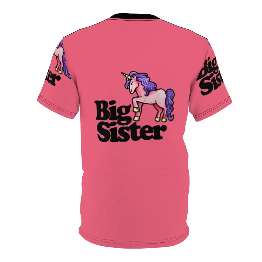 A whimsical t-shirt featuring a cute big sister design with a unicorn and other magical creatures. - Back