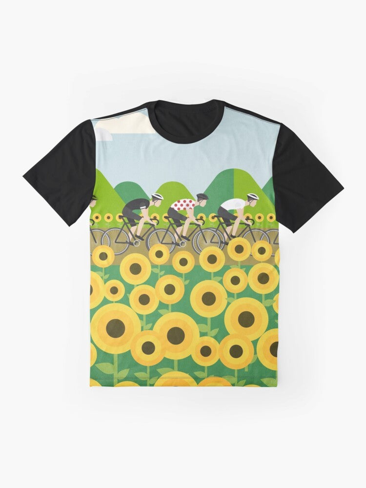 A graphic t-shirt featuring a cycling design inspired by the famous Tour de France bicycle race. - Flat lay