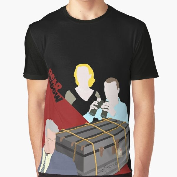 Alfred Hitchcock's "Rear Window" thriller graphic t-shirt featuring iconic characters and scenes from the classic movie.