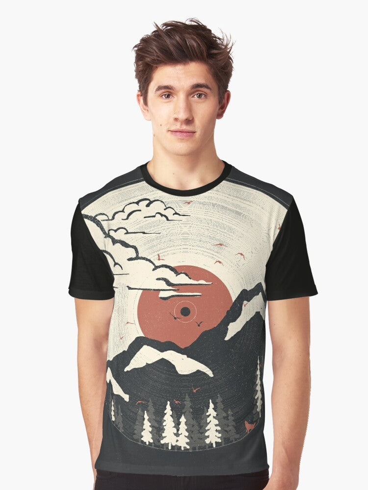 Mountain wildlife and nature graphic t-shirt with music and vinyl record design - Men