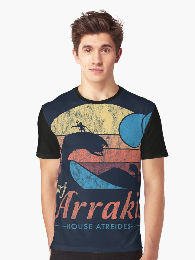 Vintage distressed Dune sci-fi graphic t-shirt featuring Arrakis, sandworm, and spice - Men