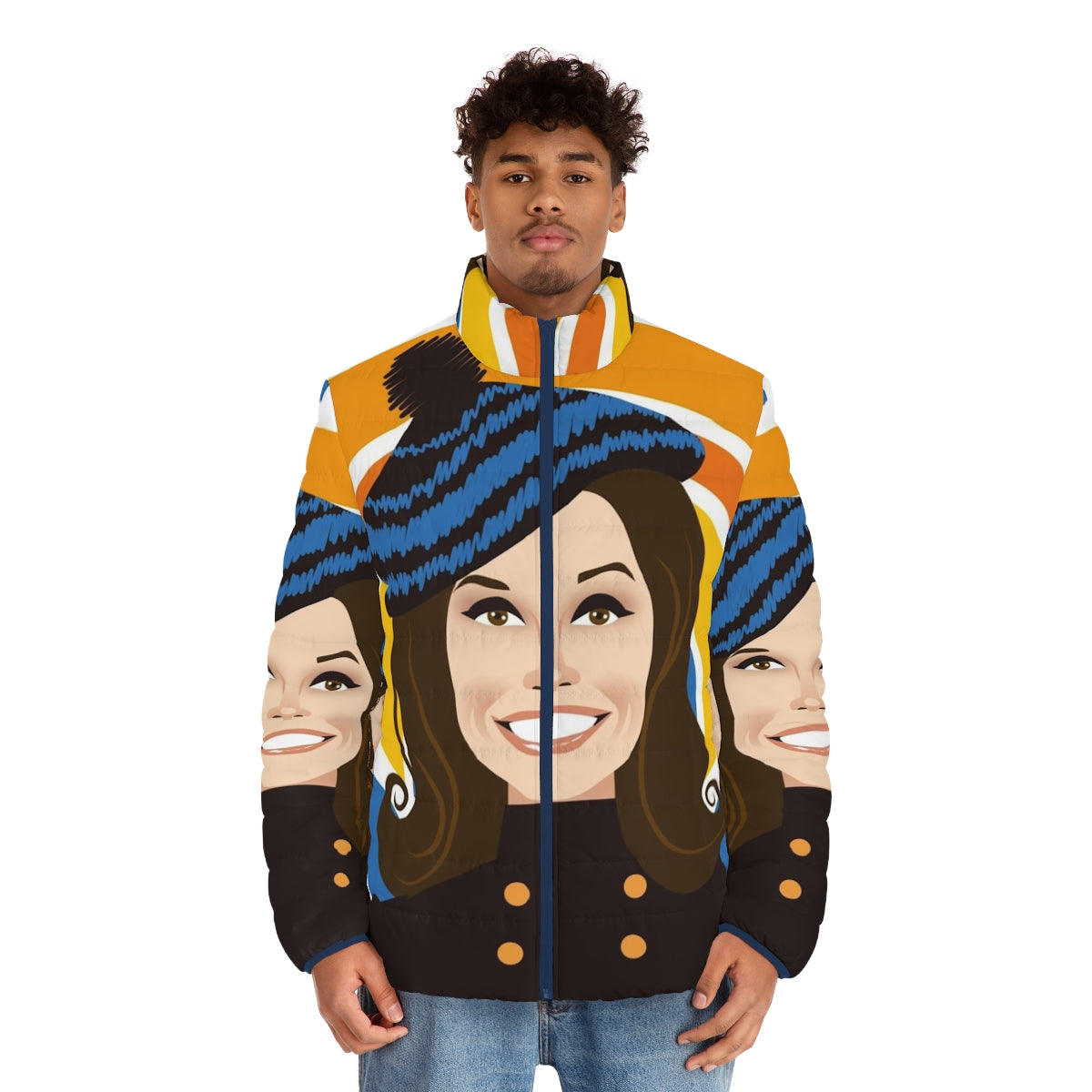 Mary Tyler Moore wearing a puffer jacket with Alejandro Mogollo art - men front