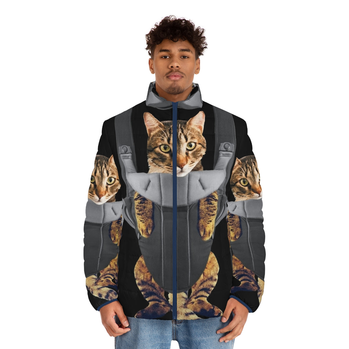 A tabby cat peeking out of a puffer jacket designed to look like a baby carrier. - men front