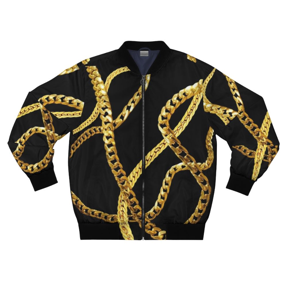 Metallic gold chains bomber jacket, a bold fashion statement