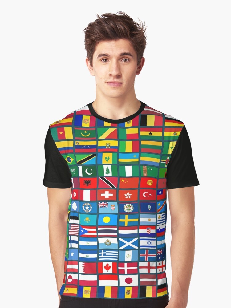 Graphic t-shirt design featuring flags of countries from around the world, perfect for geography enthusiasts and world travelers. - Men