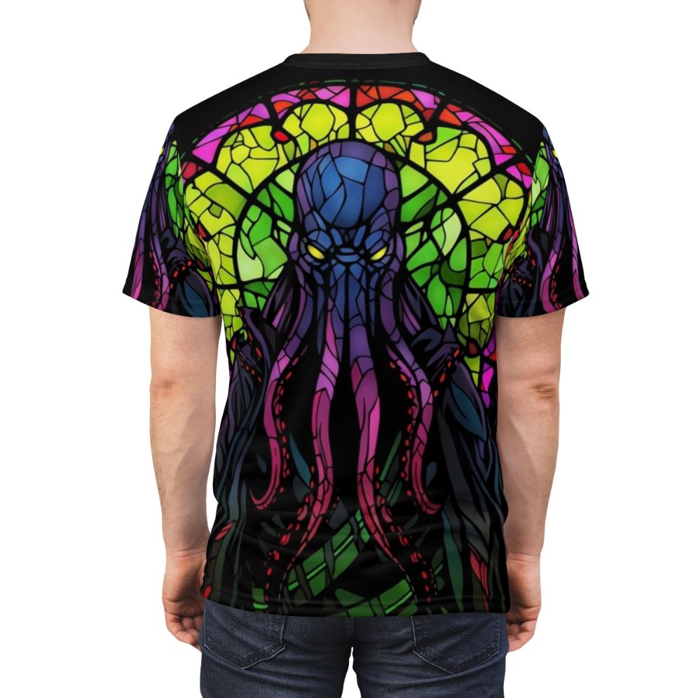 A dark, eldritch design featuring a Mindflayer from Dungeons & Dragons on a stained glass background. - men back